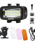 Underwater LED Video Light 700 Lumen High Power Waterproof For GoPro And DSLR Cameras with accessories and USB-C cable.