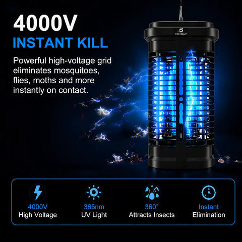 Outdoor Bug Zapper 20W High Powered 4000V Electric Mosquito Killer With Switch Waterproof For Home Backyard Patio And Garden UV Bulbs Attract 365nm Insects Easy Clean Tray Mosquito Trap For Nighttime Outdoor Use shown with blue UV light and black casing