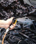 Essential Heavy Duty Compressor Accessory Kit Loaded With A Digital Tire Inflator Sharp Pressure Gauge Blow Gun in use on car engine.