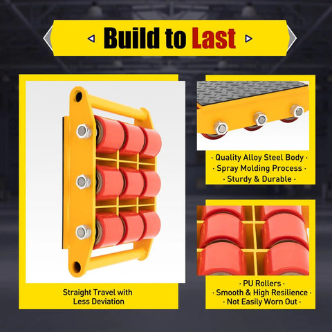 Heavy Duty Machine Dolly Skate 15 Ton Capacity Roller Cargo Trolley With Non Slip Belt For Industrial Equipment Relocation showing yellow alloy steel with red rollers.