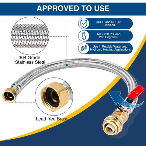 Heavy Duty 24 Inch Braided Stainless Steel Hot Water Heater Hose With Three Quarter Inch FIP To Three Quarter Inch Ball Valve