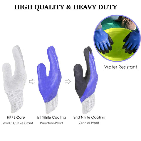 Heavy Duty Nitrile Gardening Gloves For Men Double Coated Work Gloves With Level 5 HPPE Cut Resistance showing layers and waterproof feature