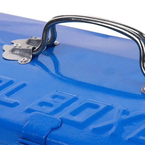 Close-up of Blue Iron Toolbox With Heavy Duty Lock And Steel Reinforced Corners Comfortable Grip Bar for Hardware Bits Sorting.