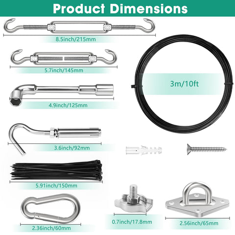 Visual components of 4 Pack 10ft Sun Shade Sail Hardware Kit With 304 Stainless Steel Cable Nylon Coated Ropes Turnbuckles