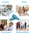 200 Packs Disposable Non Slip Shoe Covers Game Changer Thick Nonwoven Durable Booties With Elastic Edges shown in various settings