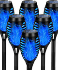 Blue Solar Torch Lights 6 Pack With Flickering Flame, waterproof outdoor garden decor, black ABS, blue LED flame design
