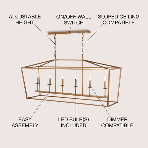 Solid Six Light Pagoda Pendant Ceiling Lamp Offering Wide Forty Nine Inch Open Wire Cage Frame Finished In Classy Antique Gold Color Combined With Timeless Energy Saving Led Bulbs For Quick Home Glow Up And Easy Install features adjustable height and dimmer compatibility.