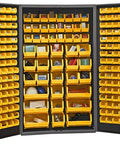 Badass Heavy Duty Welded Steel Parts Storage Cabinet With 176 Durable Hook On Bins, organized bins for efficient tool and parts storage.
