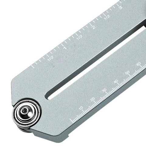 Close-up of Ultra Thin Ripping Jig For Table Saw And Router Band Saw Aluminum Alloy Woodworking Guide With Inch Scale showing ruler detail.