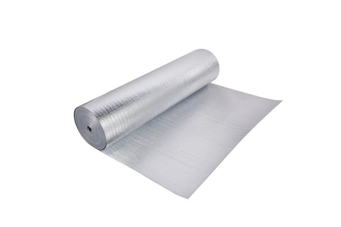 Heavy Duty Reflective Insulation Roll With Foam Core Covers 400 Square Feet, showcasing a silver foil roll ready for installation.