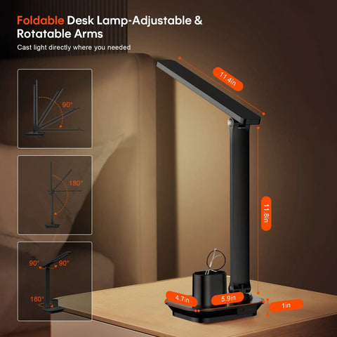 Side view of Go To Foldable USB Desk Lamp With Dimmable LED Light Three Color Temperatures Touch Control Built In Phone And Pen Holder Compact Office Table Light For Reading And Work 10 Minute Auto Off Timer in folded position.