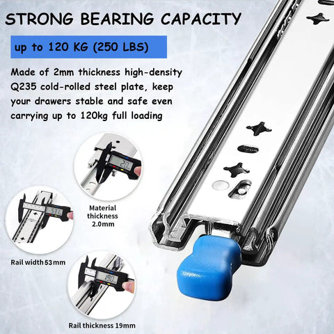 Beefy Heavy Duty Drawer Slides With Lock 32 Inch Full Extension 3 Fold Side Mount Rails, showing blue lock and steel measurement.