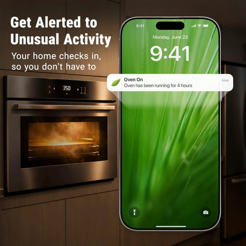 Smartphone notification of oven alert with kitchen in background, showcasing Keep Tabs On Your Grid With This Real Time Home Energy Monitor That Tracks Power Draw And Solar Net Metering For Zero Headache Install And UL Certified Safety To Stop Bleeding Cash.