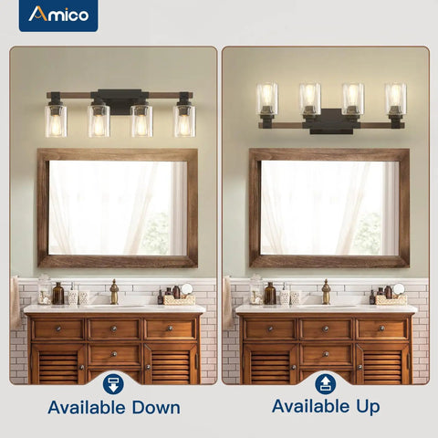 Farmhouse Vanity Lights For Bathroom, Rustic 4 Light Industrial Painted Wood Fixtures, Vintage Black Wall Sconces With Bubble Glass Shades, Cool Retro Vibe Bathroom Lighting With Warm Ambience
