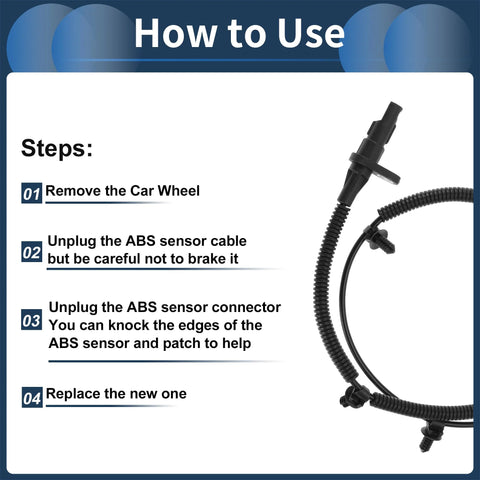 Side view of black ABS wheel speed sensor with wiring harness and connector.