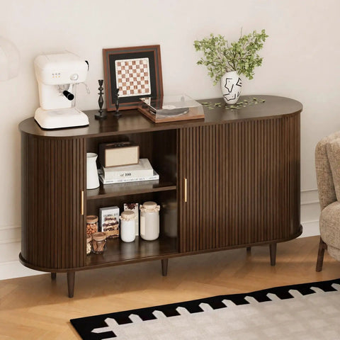 Mid Century Modern Sideboard Buffet Cabinet With Tambour Sliding Doors Fluted Accent Adjustable Shelves Walnut Finish 55 Inch