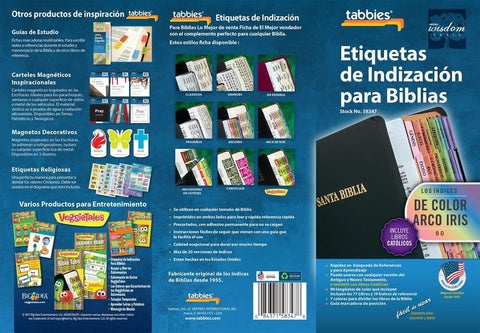 No Fuss Rainbow Spanish Catholic Bible Indexing Tabs, Super Handy Self Adhesive Page Markers For Old And New Testament Plus Catholic Books packaging with detailed design.