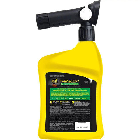 Yellow bottle of Flea And Tick Killer Concentrate For Yard Control Ready To Spray 32 Ounces With Quickflip Hose End Sprayer