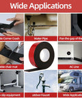 Heavy Duty 2 Inch By 14 Ft Pipe Insulation Tape used on pipes, AC lines, and RV in a collage showing diverse applications.