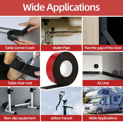 Heavy Duty 2 Inch By 14 Ft Pipe Insulation Tape used on pipes, AC lines, and RV in a collage showing diverse applications.