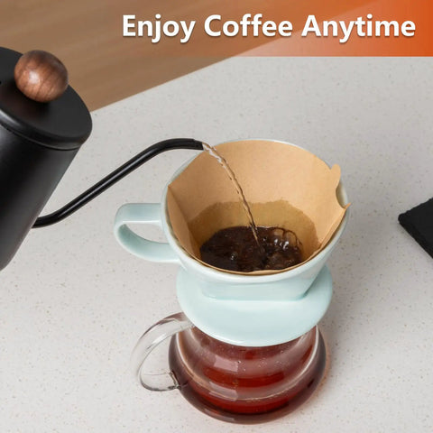 Travel Ready Ceramic Pour Over Coffee Dripper With Three Hole Flat Bottom Cone For On The Go Brewing, No Fuss Handmade Ceramic Brew Tool For Travel Camping Office Or Home Green in use with kettle pouring water