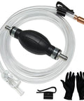 All In One Gas Siphon Transfer Kit For Fuel And More with clear PVC hose, brass siphon head, clamps, valve, and gloves.