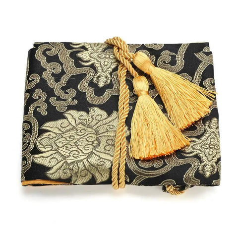 Silk Katana Sword Carrying Bag Case For Japanese Samurai Premium Soft Silk Sleeve With Scratch Resistant Lining featuring gold tassels.
