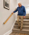 Real Deal Pine Wood Stair Handrail With Smooth As Butter Grip And Rock Solid Metal Brackets Guaranteed Indoor guardrail used by senior on stairs.