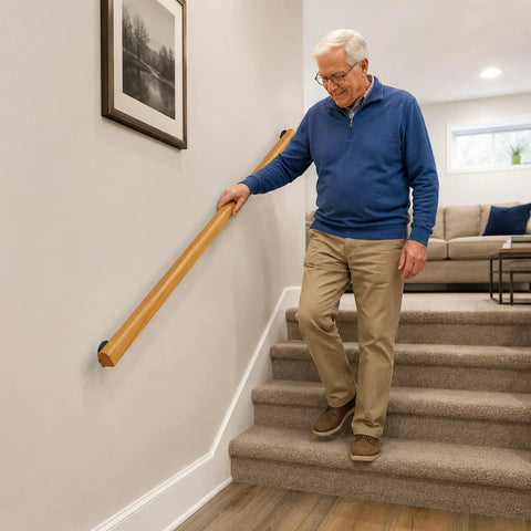 Real Deal Pine Wood Stair Handrail With Smooth As Butter Grip And Rock Solid Metal Brackets Guaranteed Indoor guardrail used by senior on stairs.