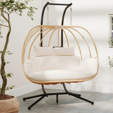 Oversized Two Person Egg Swing Chair With Stand Cozy Cushions Beige Outdoor Indoor Swing Chair For Balcony Porch Garden Patio Hangout Weather Resistant Frame And Removable Cushions