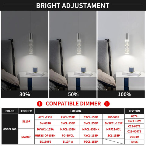 Upgrade Your Kitchen Or Bar With These Slick Chrome Led Bubble Crystal Pendant Lights Featuring Simple 3Cct Color Switches And Timeless Modern Designs Solid 3 Pack Gear For Effortless Ambient Glow showing brightness adjustment at 30%, 50%, and 100%.