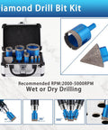 Diamond Drill Bit Set For Tile And Glass 9 Piece Includes 6mm 8mm 10mm 20mm 25mm 35mm 50mm Diamond Hole Saw Bits 35mm Beveling Chamfer Bit SDS Adapter For Glass Ceramic Porcelain Marble Brick Granite Pots shown in open case