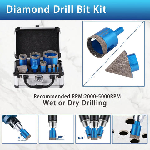 Diamond Drill Bit Set For Tile And Glass 9 Piece Includes 6mm 8mm 10mm 20mm 25mm 35mm 50mm Diamond Hole Saw Bits 35mm Beveling Chamfer Bit SDS Adapter For Glass Ceramic Porcelain Marble Brick Granite Pots shown in open case