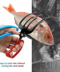 Heavy Duty Fish Claw Gripper For Catching More Fish With No Slip Ergonomic Grip holding fish in ergonomic blue and red handle