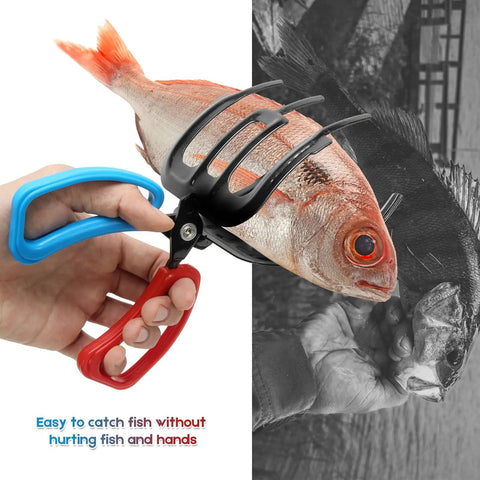 Heavy Duty Fish Claw Gripper For Catching More Fish With No Slip Ergonomic Grip holding fish in ergonomic blue and red handle