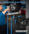 Heavy Duty Retractable Air Hose Reel Featuring Smooth Auto Rewind Action And Sixty Five Foot Industrial Compressor Hose in auto repair use.