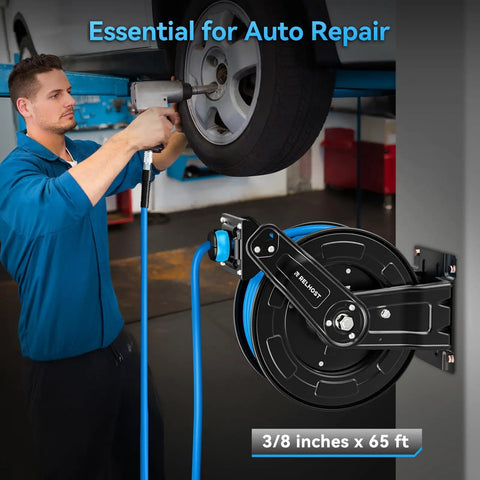 Heavy Duty Retractable Air Hose Reel Featuring Smooth Auto Rewind Action And Sixty Five Foot Industrial Compressor Hose in auto repair use.