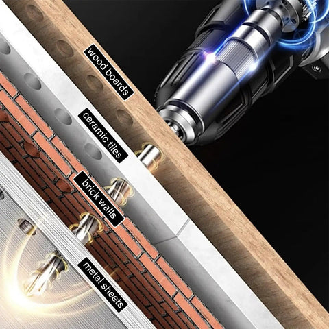 Heavy Duty Brushless Cordless Electric Drill Featuring Pro Level Torque Control And Snappy Variable Speed Trigger drilling through wood boards, ceramic tiles, brick walls, and metal sheets.