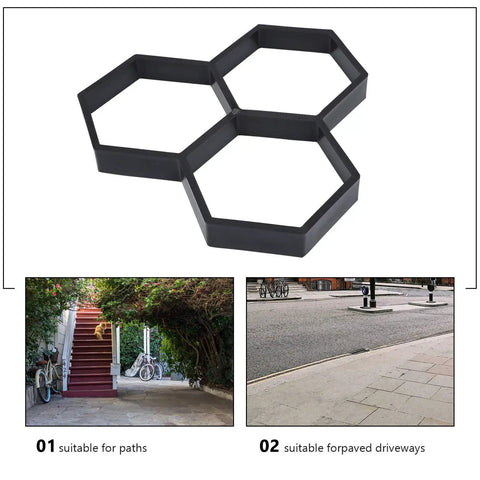Hexagon Concrete Molds For DIY Garden Walkways Reusable Paver Molds For Concrete Stepping Stone Pavement Kits Easy Pour Molds For Lawn Patio And Yard 35x35cm Mode 4, shown in three sections, ideal for paths and driveways.