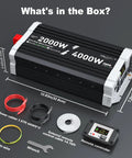 Contents of 2000 Watt Pure Sine Wave Inverter kit with remote control, cables, and wrench displayed