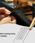 Close-up of Pro Grade Leather Sewing Awl Kit with Copper Handle, six needle sizes, nylon cord thread, and two thimbles in use.