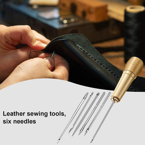 Close-up of Pro Grade Leather Sewing Awl Kit with Copper Handle, six needle sizes, nylon cord thread, and two thimbles in use.