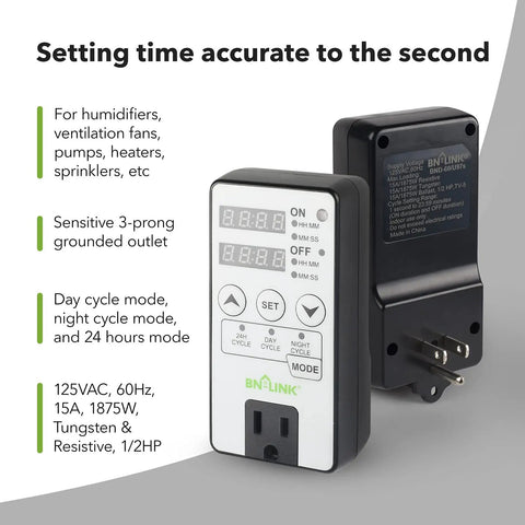 Badass Heavy Duty Programmable Digital Timer Outlet With Automated Interval Cycling And Smooth Round The Clock Operation For Home Gadgets And Yard Equipment Rated At 15 Amps, close-up view of timer socket settings.