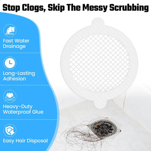 Game Changing Disposable Shower Drain Hair Catcher With Slick Peel And Stick Adhesive For No Worries Bathroom Tub Filter Upkeep And Super Reliable Daily Hair Clog Prevention 30 Pack with mesh design catching hair in drain.