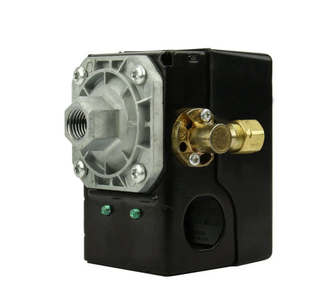 Universal Replacement Air Compressor Pressure Switch 95 To 125 PSI with Unloader Valve and On Off Lever, side view.