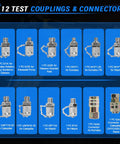 12 test couplings and connectors for Sinocmp Digital Pressure Gauge Kit, designed for various machinery and applications.