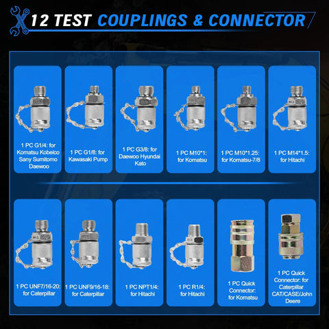 12 test couplings and connectors for Sinocmp Digital Pressure Gauge Kit, designed for various machinery and applications.