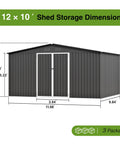 12 By 10 Foot Dark Grey Metal Shed With Lockable Door Waterproof Outdoor Storage For Bikes Garden Tools And Lawn Mower All Weather Shelter Ventilated Design Sloped Roof Keeps Interior Dry