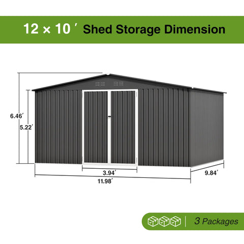12 By 10 Foot Dark Grey Metal Shed With Lockable Door Waterproof Outdoor Storage For Bikes Garden Tools And Lawn Mower All Weather Shelter Ventilated Design Sloped Roof Keeps Interior Dry