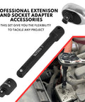 Pro Grade 18 Piece Impact Socket Extension Set with universal joints and adapters in use on car engine, 6-inch extension visible.